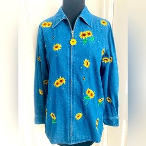 Quacker Factory Denim Embroidered Sunflowers Jacket Size XS